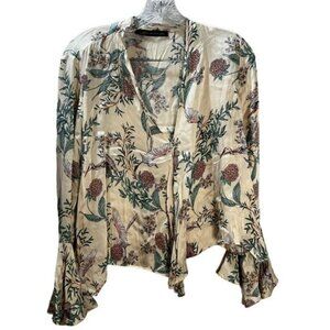 ZARA‎ Silk Floral Detail Bird Pattern Kimono Cream Small